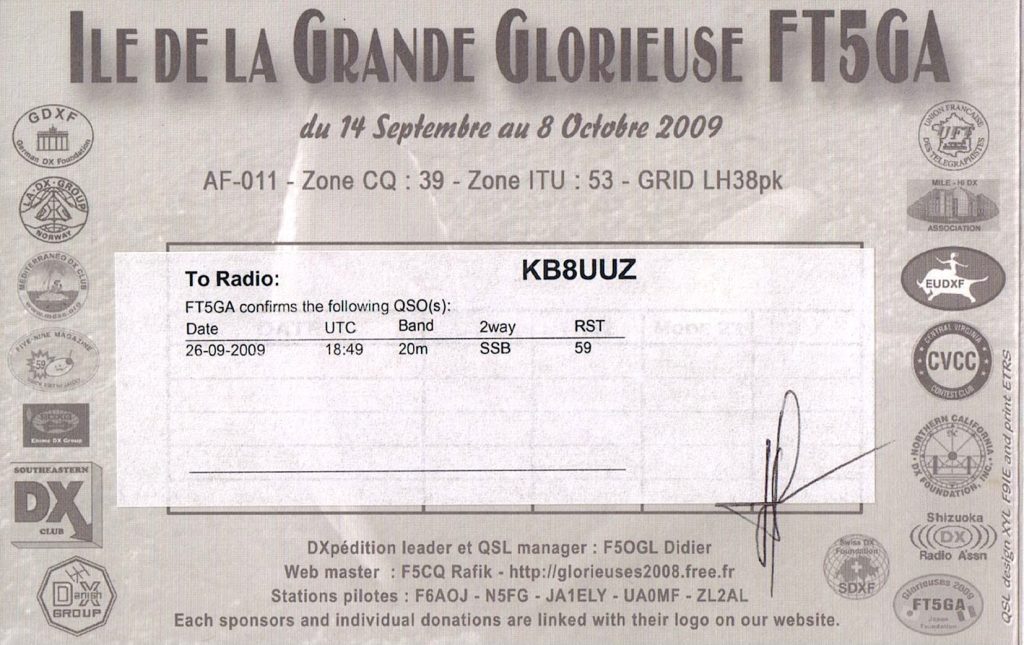 FT5GA Grande Glorioso Island ham radio QSL Card, back 2