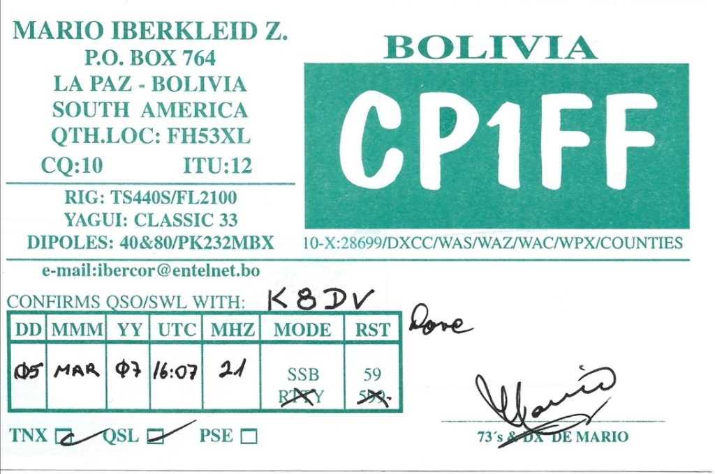 ham radio cp1ff qsl card from bolivia