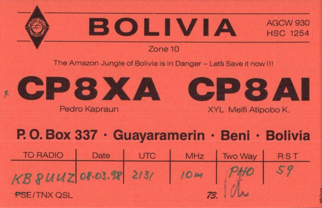 ham radio cp8xa qsl card from bolivia