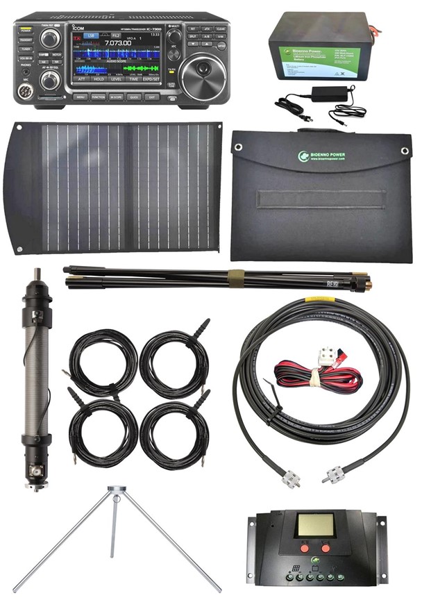 collage of ham radio portable equipment with solar panel