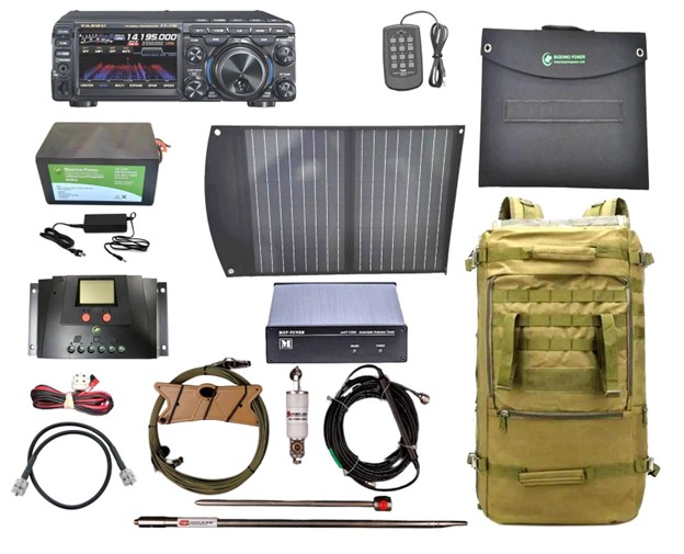 collage of yaesu radio portable equipment with solar panel
