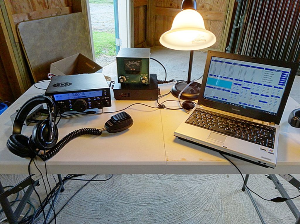 portable field day ham radio station on a folding table