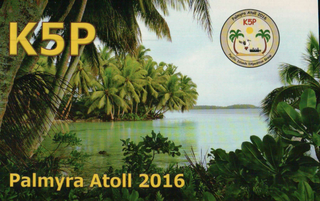 K5P ham radio qsl card from palmyra atoll, front