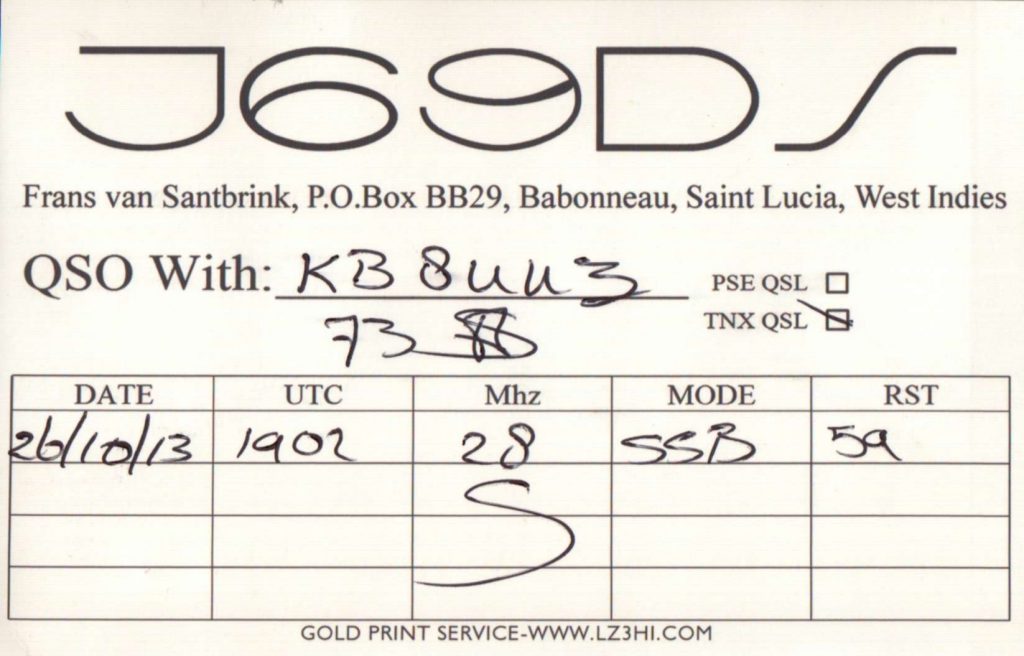 J69DS Ham Radio QSL Card from St Lucia, back