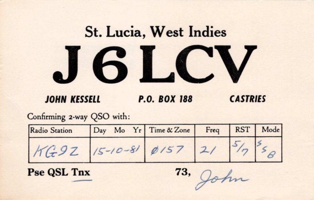 J6LCV Ham Radio QSL Card from St Lucia