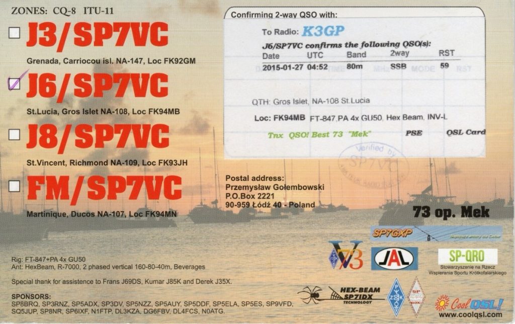 SP7VC Ham Radio QSL Card from St Lucia