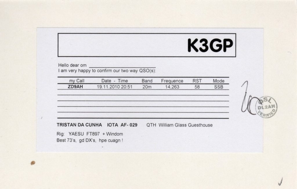 ZD9AH ham radio qsl card from Tristan Da Cunha, back