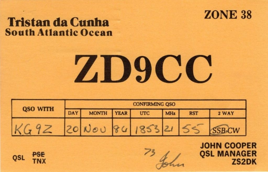 ZD9CC ham radio qsl card from Tristan Da Cunha