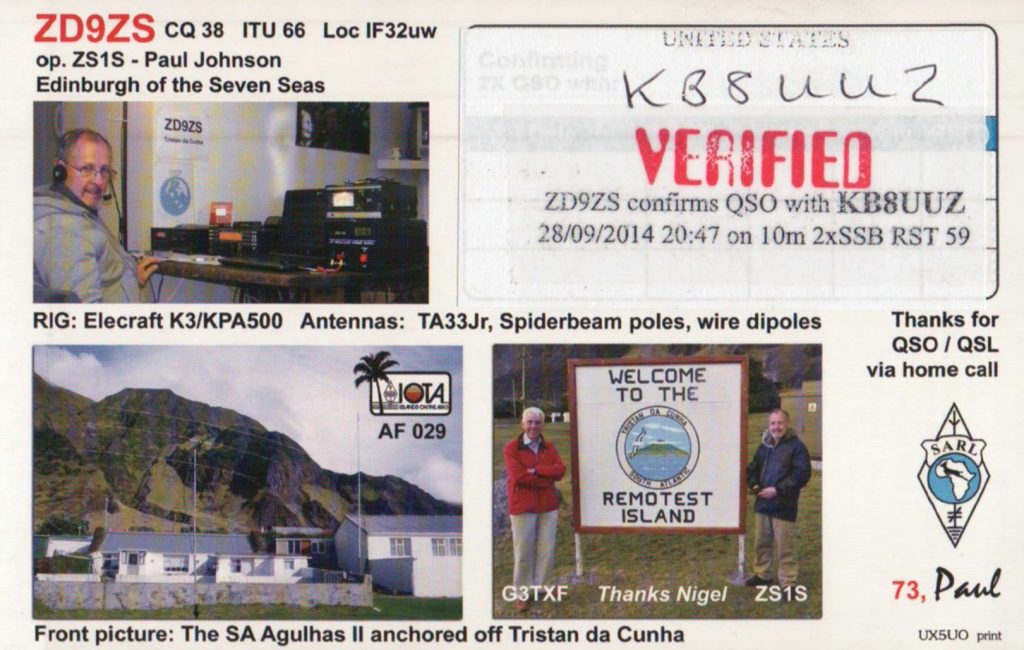 ZD9ZS ham radio qsl card from Tristan Da Cunha, back