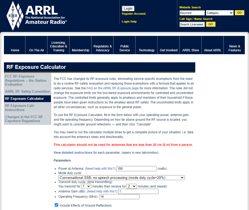 ARRL RF Calculator landing page screen shot