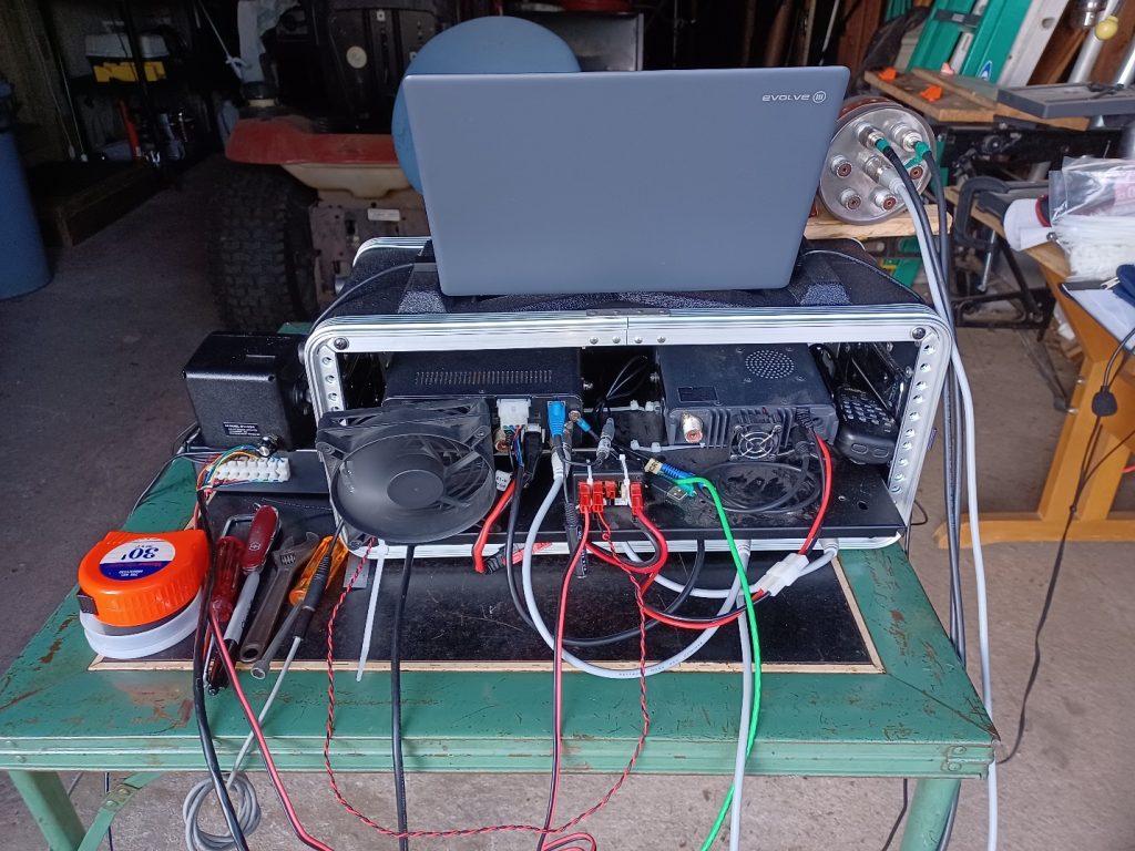 rear view of a portable ham radio station on a tabletop