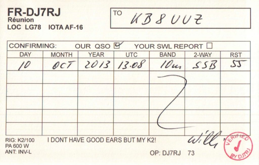 FR-DJ7RJ QSL Card from Réunion Island, back