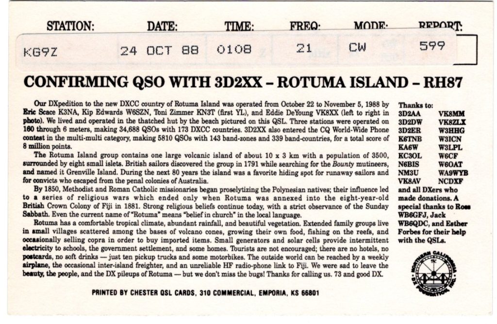 3D2XX Ham Radio QSL Card from Rotuma, back