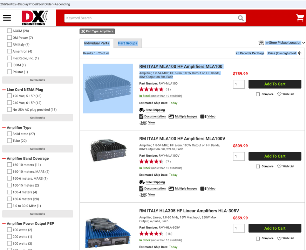 Screen shot of amplifiers from DX Engineering Website