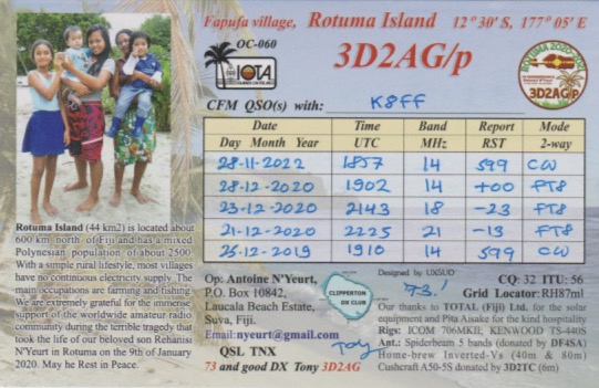 3D2AG Ham Radio QSL Card from Rotuma Island, back