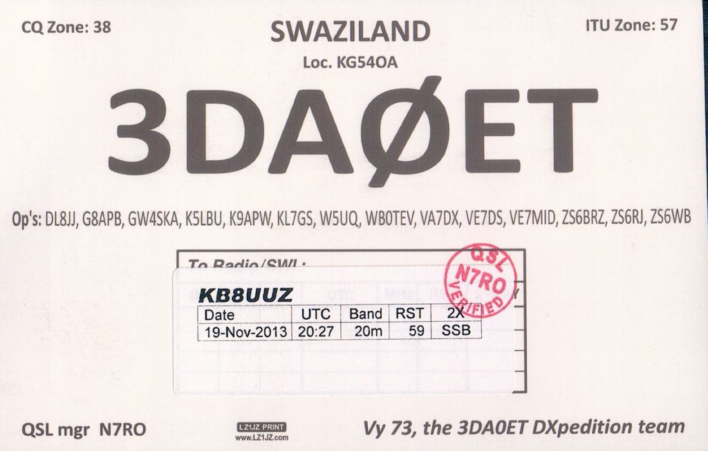 3DA0ET Ham Radio QSL Card from eSwatini, back