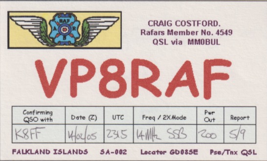 VP8RAF Ham Radio QSL Card from the Falkland Islands