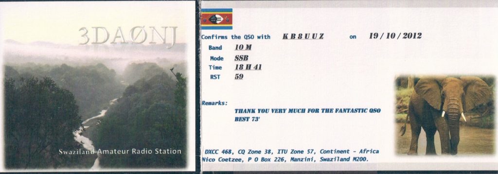 3DA0NJ Ham Radio QSL Card from eSwatini, back