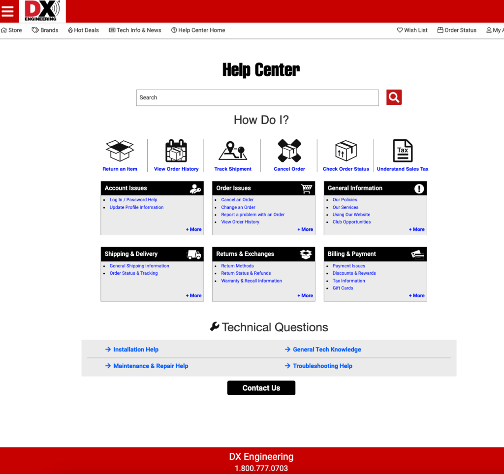 Help center screen shot from DX Engineering.com