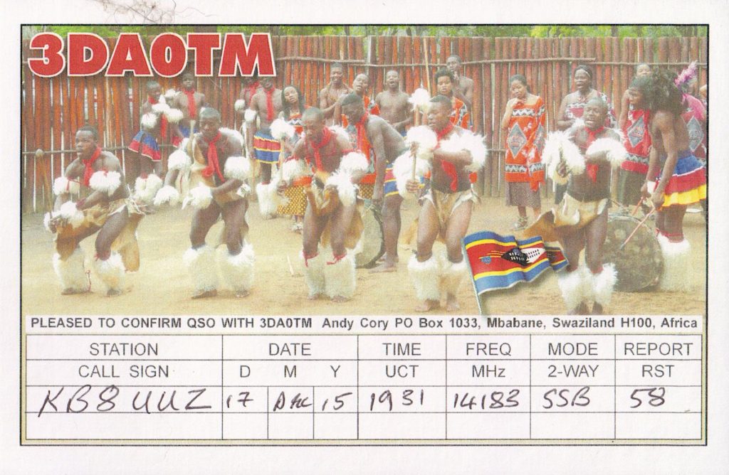 3DA0TM, front, Ham Radio QSL Card from eSwatini