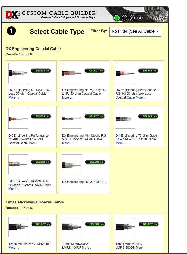 Custom Cable Builder screen shot from DX Engineering.com