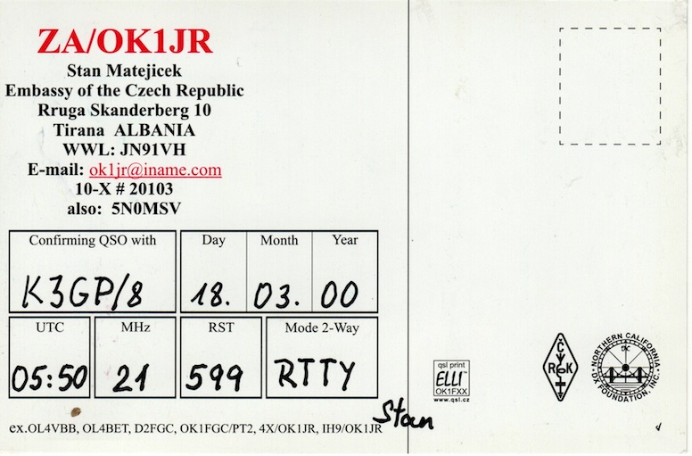 ZA/OK1JT Ham Radio QSL Card from Albania, back