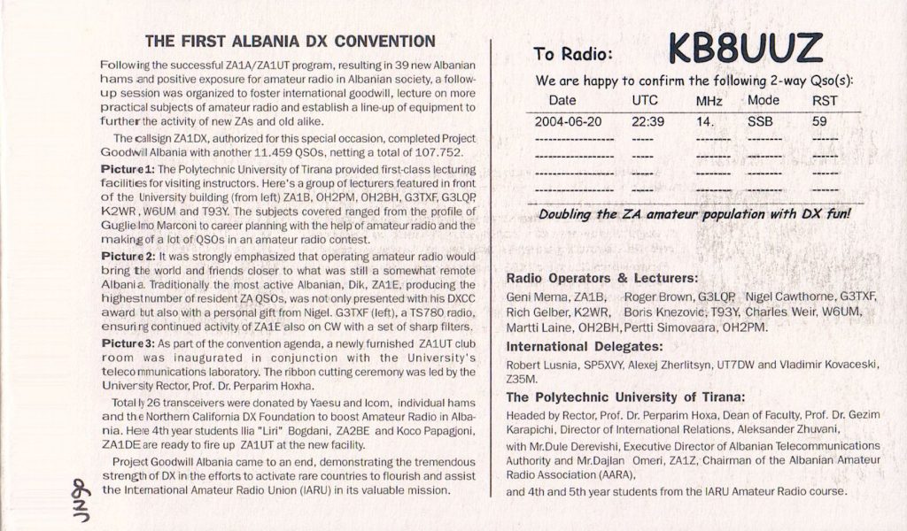 Ham Radio DX Convention Card from Albania