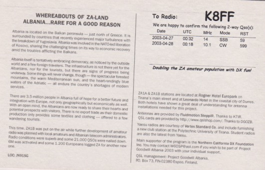 ZA1B Ham Radio QSL Card from Albania, back