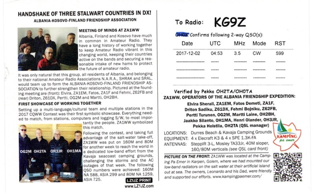 Ham Radio QSL Card from Albania to KG9Z