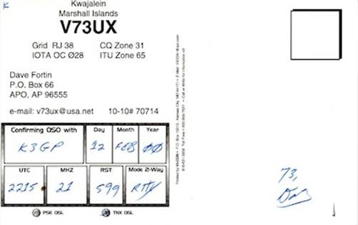 V73UX Ham Radio QSL Card from Marshall Islands, back