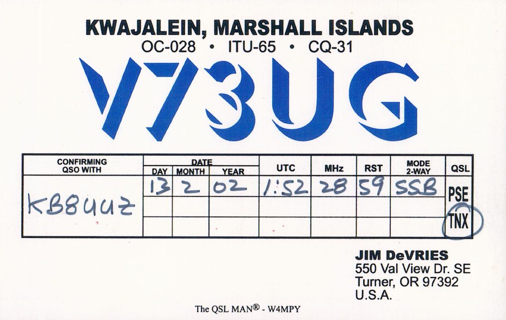 V73UG Ham Radio QSL Card from Marshall Islands