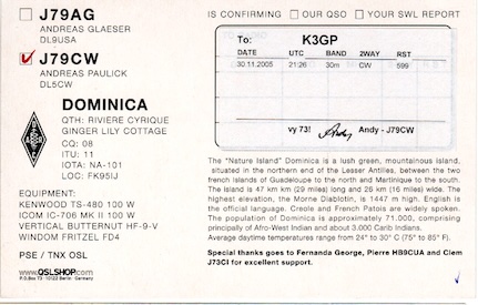 J75RZ Ham Radio QSL Card from Dominica, back