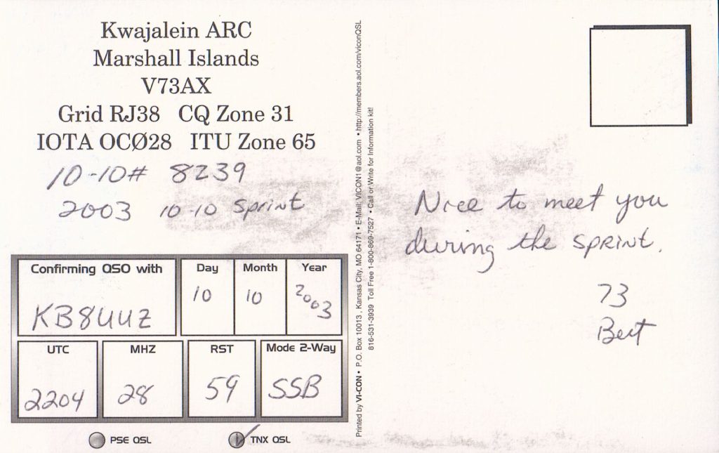 V73TM Ham Radio QSL Card from Marshall Islands, back