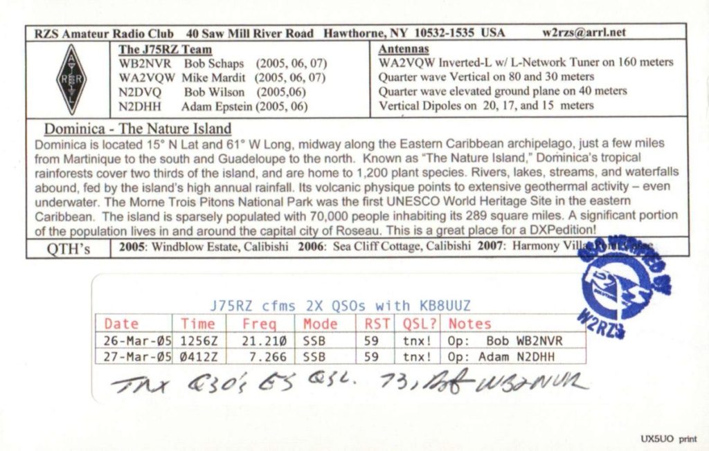 Ham Radio QSL Card from Dominica, back