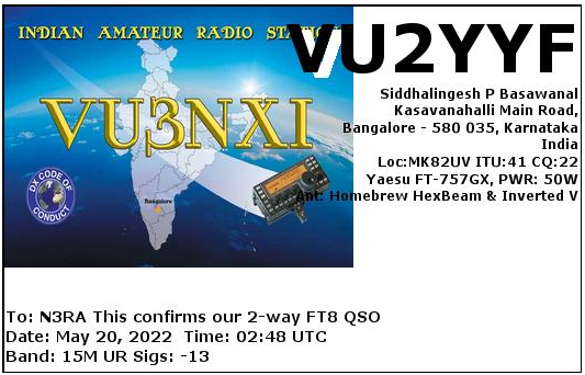 VU2YYF Ham Radio QSL Card from India