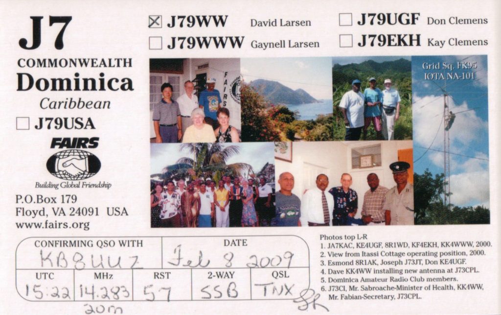 J7 Ham Radio QSL Card from Dominica, back