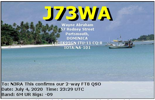 J73WA Ham Radio QSL Card from Dominica