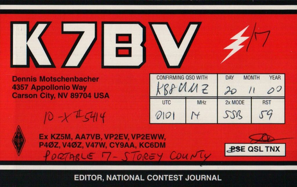 K7BV Ham Radio QSL Card, back