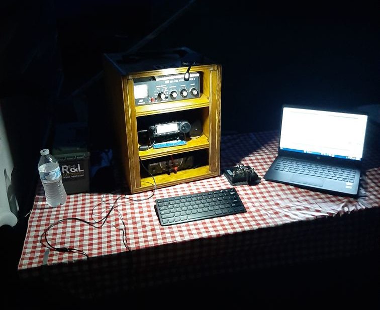 portable ham radio station in dark