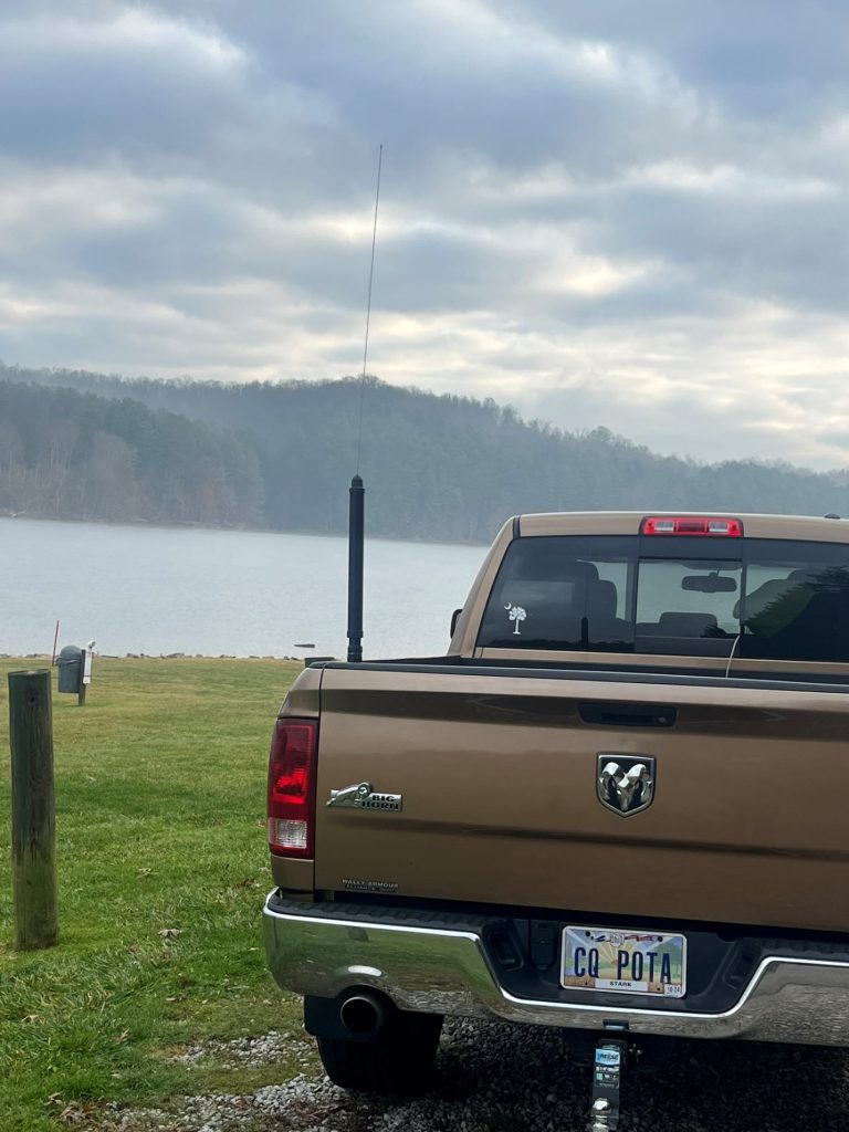 large ham radio antenna mounted on truck