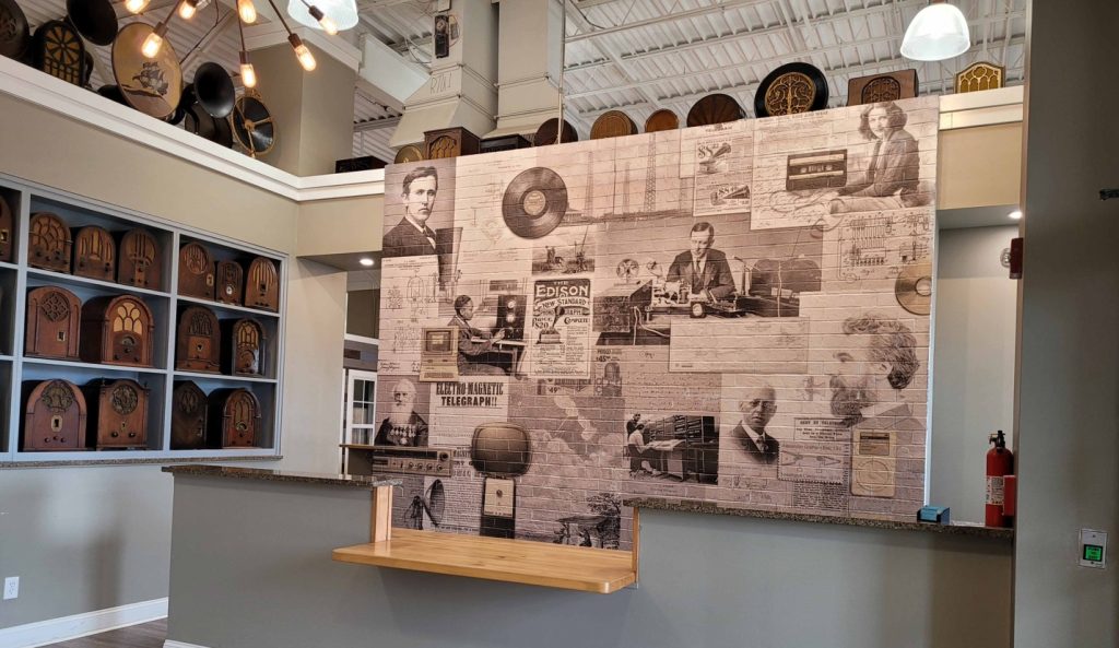 Museum display of old records and radios